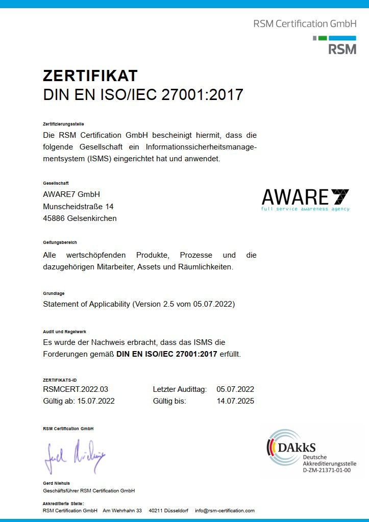 AWARE7 ISO 27001 zertifiziert